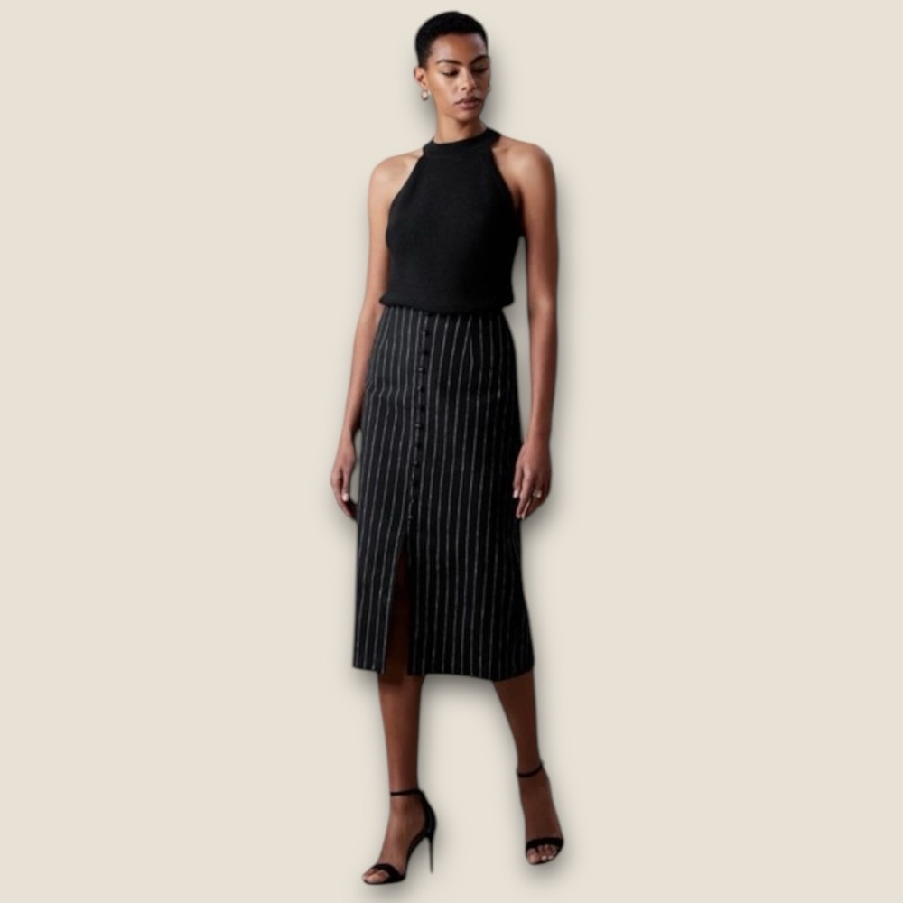 Banana Republic Black and White Faux Button Down Pin Stripe Midi Skirt